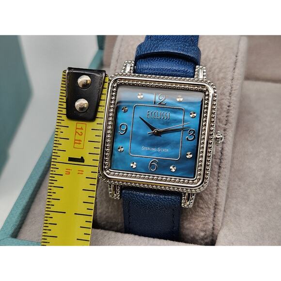 Ecclissi Sterling Silver 925 Mother Of Pearl Leather Band Tank Watch New Battery - Picture 6 of 15